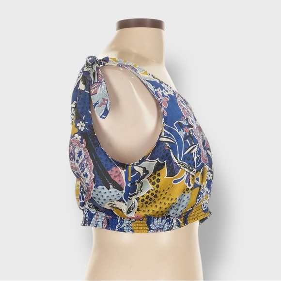 Free People Crop Top Large Blue Gold Weekend In Montauk Floral Smocked NWT - Picture 5 of 14